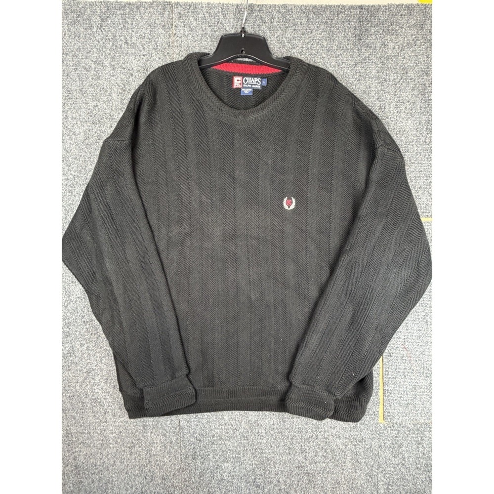 Vintage Chaps‎ Ralph Lauren Crest Cable Knit Sweater Black Men's Crewneck Sz L
